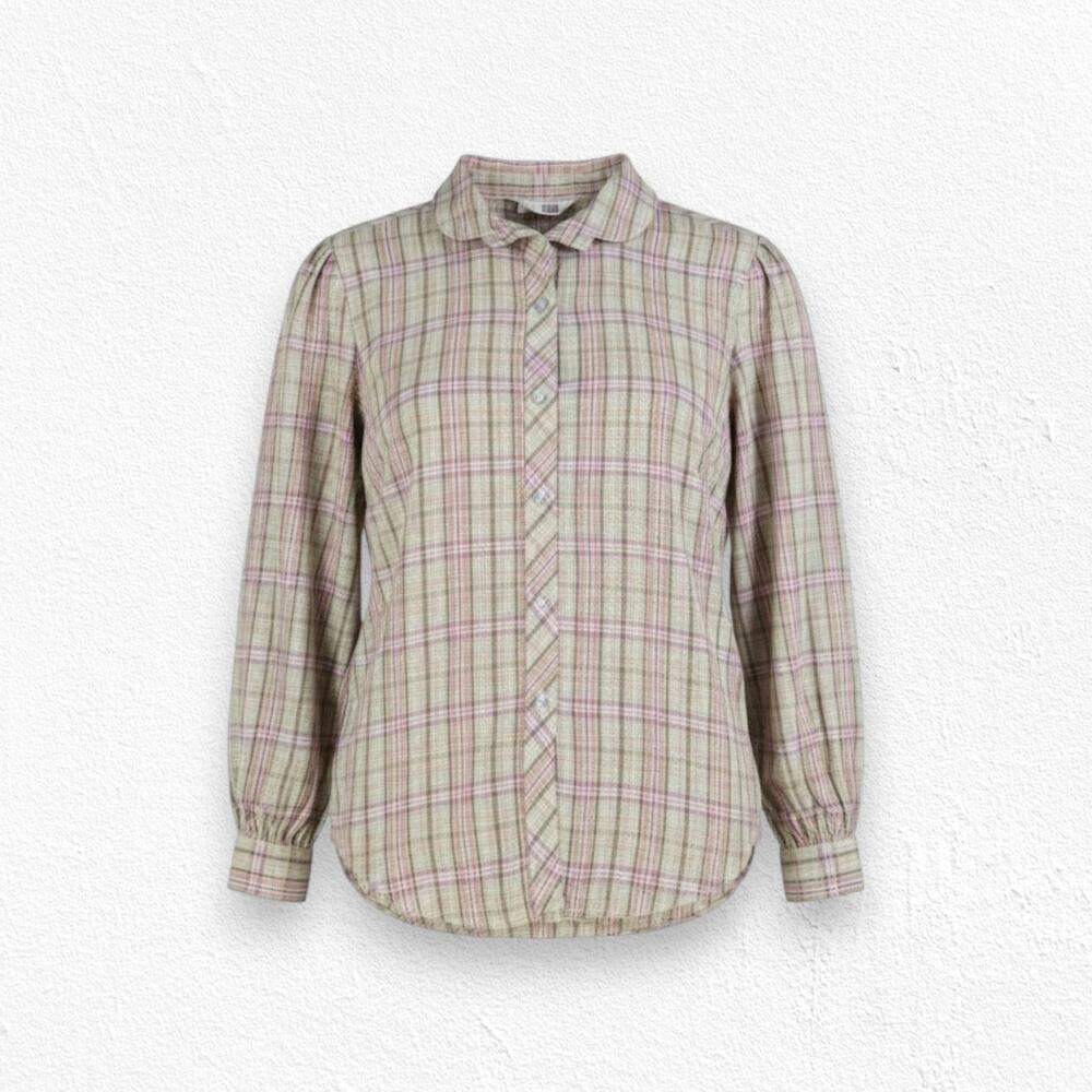 1970s Vintage Sears Cream Purple Plaid Puff Sleeve Blouse Prairie Top Size 12